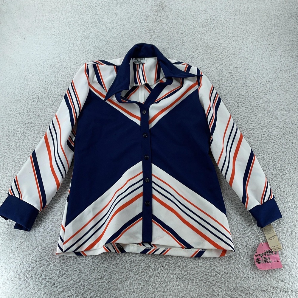 Vintage John's Girl Shirt Women's 18 Large Navy White Chevron Stripe Disco 70s